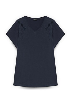 Mørkeblå kortærmet V-hals t-shirt med løkkede broderidetaljer på skulderområderne, løs pasform og lige kant.