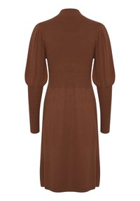 Robe en tricot longue à manches longues, couleur marron, avec des épaules bouffantes et des poignets ajustés, vue de dos.