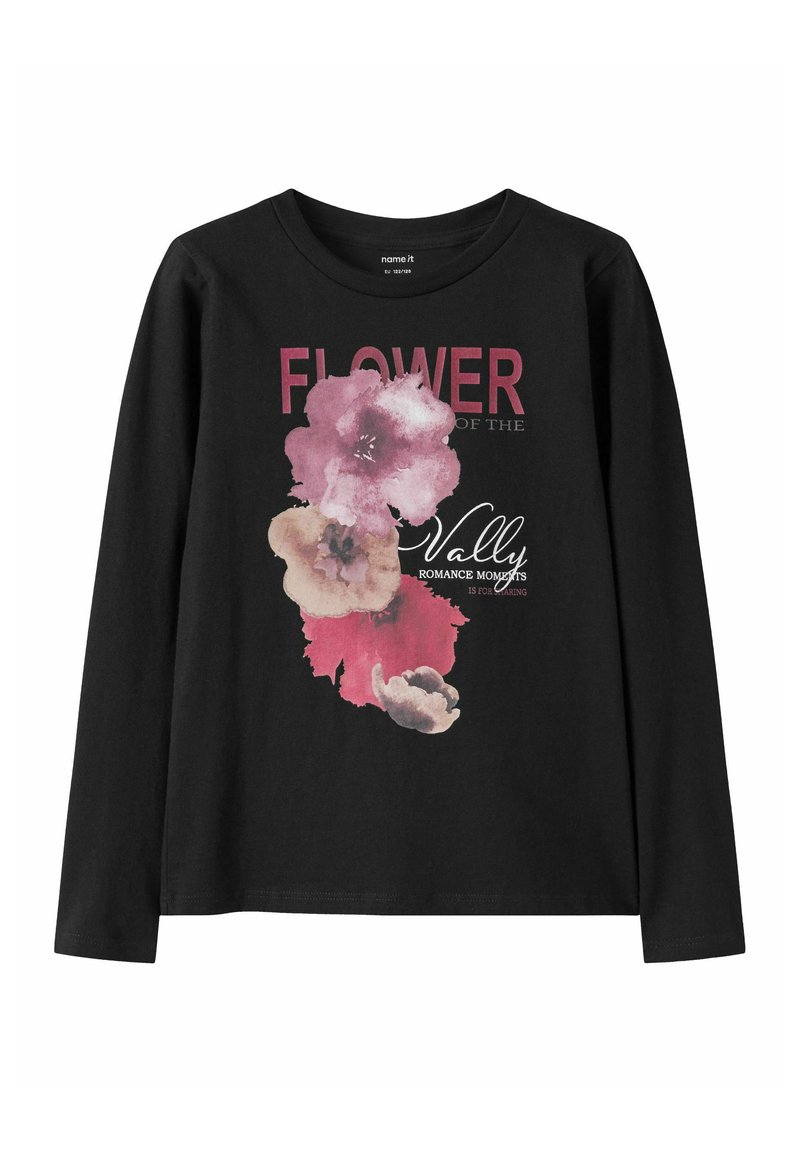Langärmliges schwarzes Shirt mit einem floralen Grafikdesign in Pink und Creme, mit dem Text "FLOWER of the Vally", der in kontrastierenden Farben gedruckt ist.
