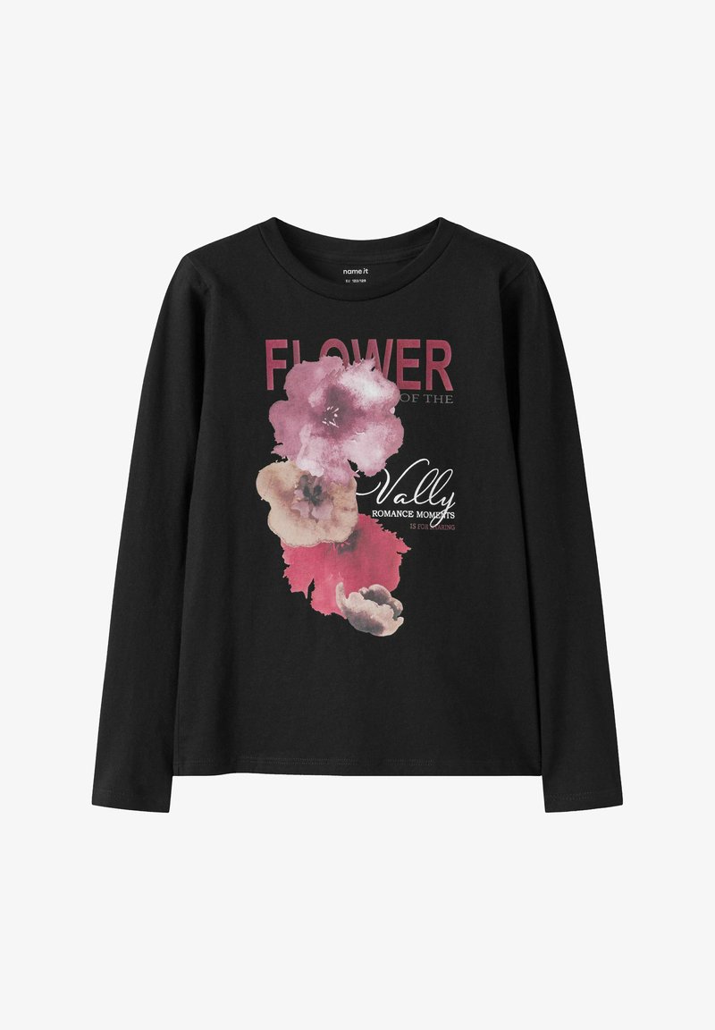 Langärmliges schwarzes Shirt mit einem floralen Grafikdesign in Pink und Creme, mit dem Text "FLOWER of the Vally", der in kontrastierenden Farben gedruckt ist.