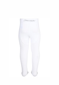 Weiße Strumpfhose mit glatter Textur, Fußteil und elastischem Bund, der auf der Rückseite ein dekoratives Logo zeigt.