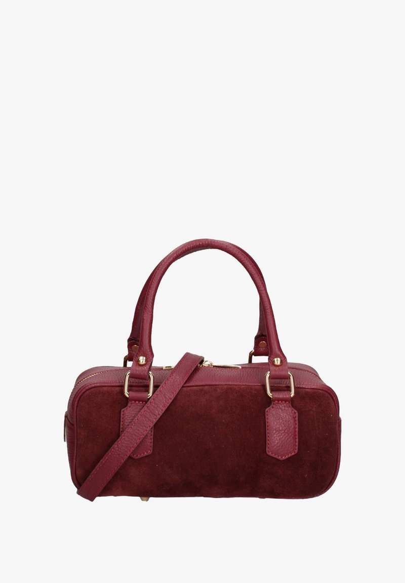 Borsa bordeaux in suede con forma rettangolare. Caratterizzata da doppi manici, una tracolla rimovibile e dettagli in metallo dorato.