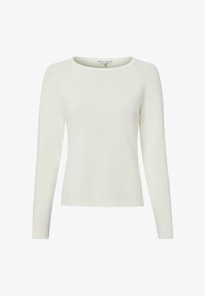 Pull en maille crème à manches longues avec un col rond et une texture côtelée subtile.