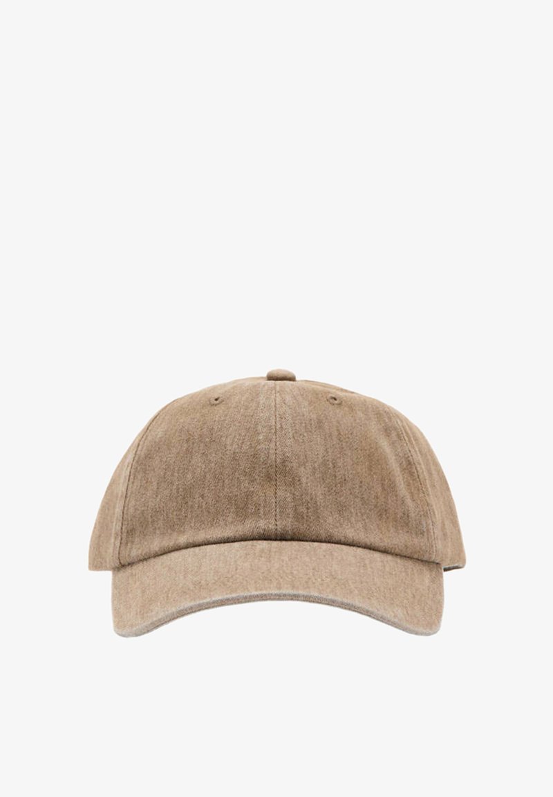 Casquette de baseball beige en tissu avec visière courbée et bouton supérieur, vue de face sur fond blanc.