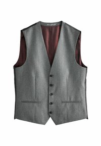 Chaleco de tela gris con diseño de escote en V, cierre delantero de botones, dos bolsillos frontales y un forro burdeos en contraste.