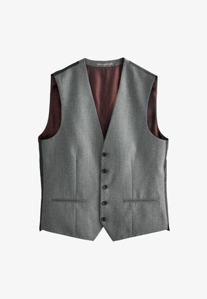 Grijze stoffen vest met een V-hals ontwerp, sluiting met knopen aan de voorkant, twee voorzakken en een contrasterende bordeauxrode voering.