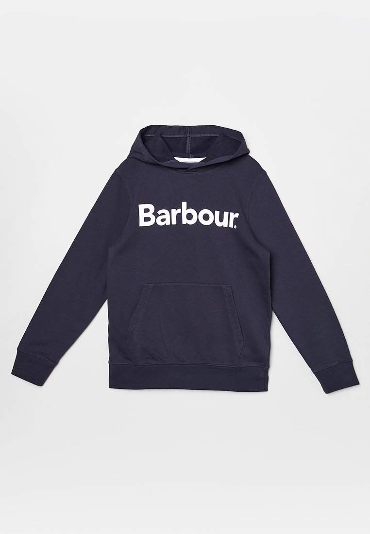 Felpa blu navy in cotone con tasca frontale, caratterizzata da un grande logo "Barbour." bianco sul petto e polsini a coste.