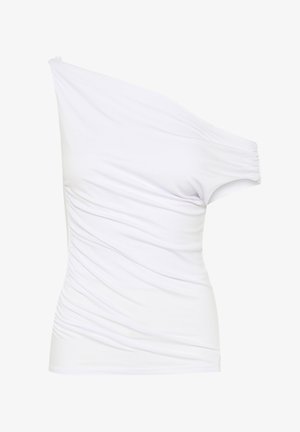 Valkoinen olkaimia yhdistävä yläosa, joka on valmistettu sileästä kankaasta ja jossa on kerätty rakenne sivussa sekä tiukka siluetti.