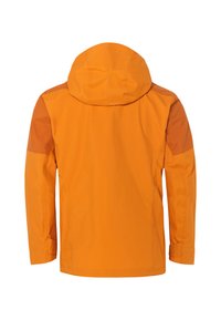 Een oranje jas met een capuchon, voorzien van contrasterende bruine schouderpanelen en een gladde, lichte stof met een schone, elegante uitstraling.