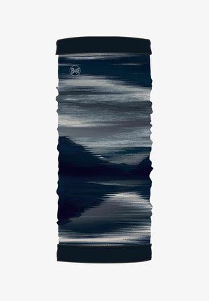 Gaiter tubular multifuncional con un patrón de pinceladas horizontales abstractas en azul oscuro y gris, y el logo de Buff cerca del borde superior.