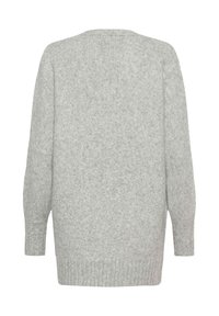 Jasnoszary sweter robiony na drutach o luźnym kroju, z długimi rękawami i ściągaczem. Tekstura wydaje się miękka i nieco puszysta. Pokazany widok z tyłu.