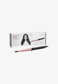Conical curling wand with a rose gold and black design, featuring a tapered barrel and a sleek handle, packaged in a rectangular box.