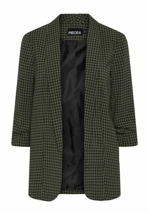 Grønn houndstooth-mønstret blazer med trekvartlange ermer, åpen front og en glatt svart innvendig fôr. Unik teksturert stoff.