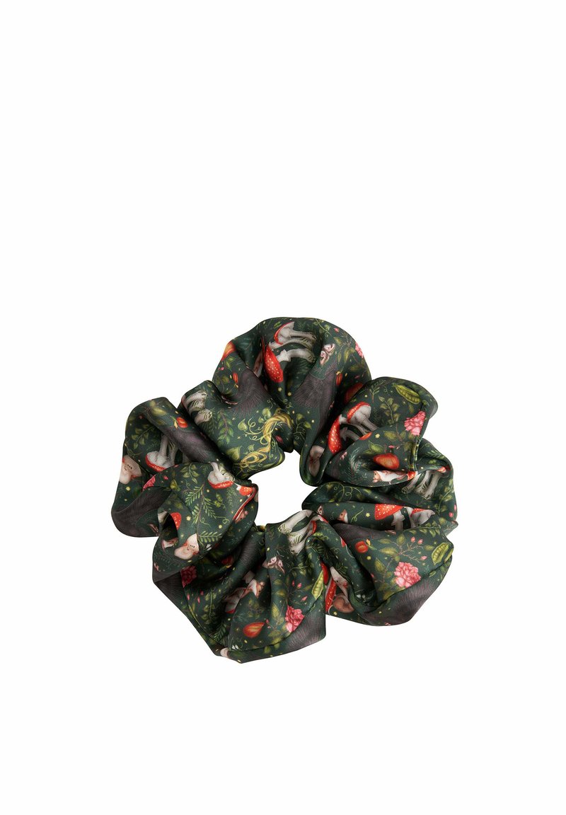 Green floral scrunchie made of soft fabric, featuring vibrant patterns of plants, mushrooms, and flowers in pink and red tones.