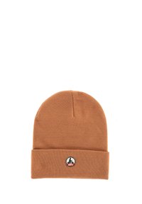 Bruine gebreide beanie met een opgerolde manchette en een klein rond label met een zwarte silhouet en rode tekst "JOTT" in het midden vooraan.