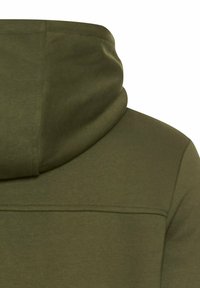 Vue arrière d'un hoodie vert olive mettant en avant une capuche ajustée, une texture de tissu lisse et un détail de couture au niveau des épaules.