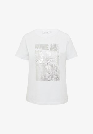 Biała koszulka z krótkim rękawem z błyszczącą srebrną grafiką z pionowymi liniami i wzorami kwiatowymi z przodu. Miękka bawełniana tkanina.