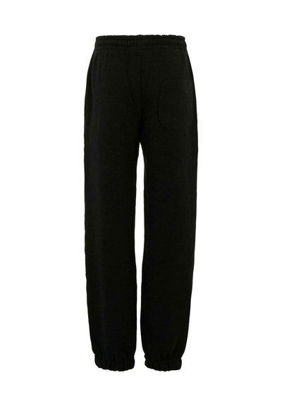 Zwarte sweatpants van zachte stof, met een elastische tailleband, boorden aan de enkels en een enkele achterzak. Eenvoudig ontwerp zonder patronen.
