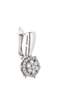 Ezüst színű kapcsos fülbevalók, amelyek kerek, átlátszó cirkon ékszerklaszterekből állnak, fényes felülettel és virágmintával.