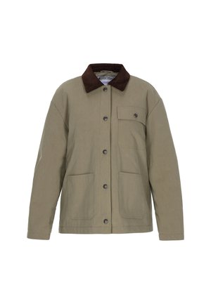 Veste vert olive avec un col en daim marron, boutons à l'avant, poche poitrine et deux poches latérales, fabriquée en tissu durable.