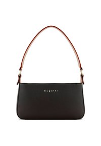 Borsa a tracolla nera con texture, dotata di un manico curvo marrone, con il logo dorato "bugatti" sul davanti. Forma compatta e rettangolare con accenti lisci.
