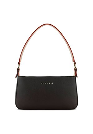 Borsa a tracolla nera con texture, dotata di un manico curvo marrone, con il logo dorato "bugatti" sul davanti. Forma compatta e rettangolare con accenti lisci.