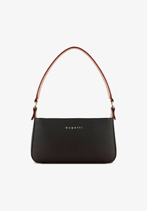 Sac à main en cuir texturé noir avec une sangle d'accent marron. Présente un logo doré sur le devant et une forme rectangulaire élégante.