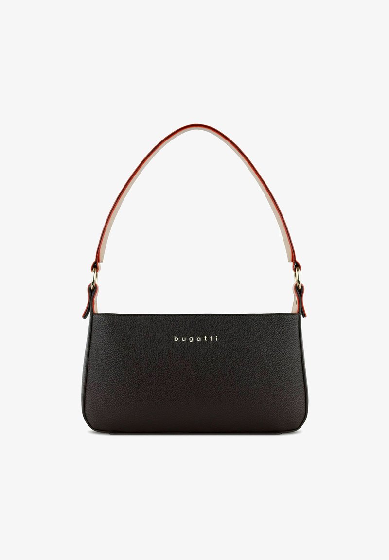 Zwarte, gestructureerde handtas met een gebogen bruine handgreep, voorzien van een gouden "bugatti" logo aan de voorkant. Compacte, rechthoekige vorm met gladde accenten.