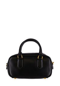 Borsa a tracolla nera in pelle con doppio manico corto, dettagli in metallo dorato e forma rettangolare. Texture liscia con design minimalista.