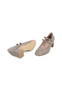 Graue patentierte Lederblockabsatzschuhe mit Krokodilprägung, ausgestattet mit zwei verstellbaren Riemen mit Schnallen an der Vorderseite und einer quadratischen Zehenpartie.