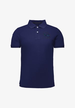 Navy blue polo shirt with a collared neckline, three buttons, short sleeves with white detailing, and an embroidered design on the chest.