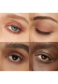 Vier Nahaufnahmen unterschiedlicher Augen mit neutral getöntem Lidschatten und natürlichen Wimpern, die verschiedene Hauttöne und Augenbrauenformen zeigen.