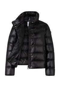 Schwarze Daunenjacke mit glänzender Oberfläche, gestepptem Muster, Stehkragen und Druckknopfdetails sowie einem Reißverschluss vorne.