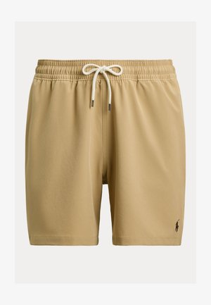 Shorts beiges à cordon avec ceinture élastique et petit logo cheval brodé sur le bas de la jambe droite.