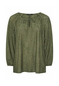 Olivgrüne Bluse mit einem subtilen Tigerstreifenmuster, Rundhalsausschnitt mit Knoten-Detail und langen Puffärmeln, die an den Manschetten gerafft sind.