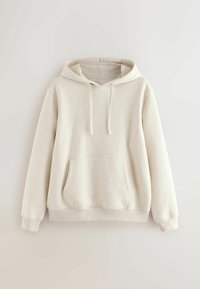 Hanorac de culoare bej deschis, realizat dintr-un material moale. Dispune de o glugă cu șnur, buzunar frontal și manșete și tiv ribbat. Textură netedă, design casual.