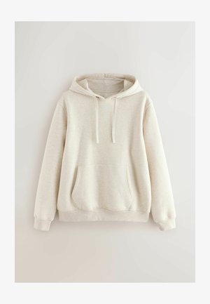 Light beige hoodie made of soft fabric. Features a drawstring hood, front pocket, and ribbed cuffs and hem. Smooth texture, casual design.