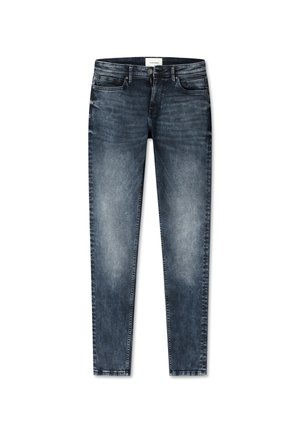 Donkerblauwe denim jeans met een slim fit, voorzien van zijzakken, een rits en subtiele vervaging voor textuur. Gemaakt van rekbaar materiaal.