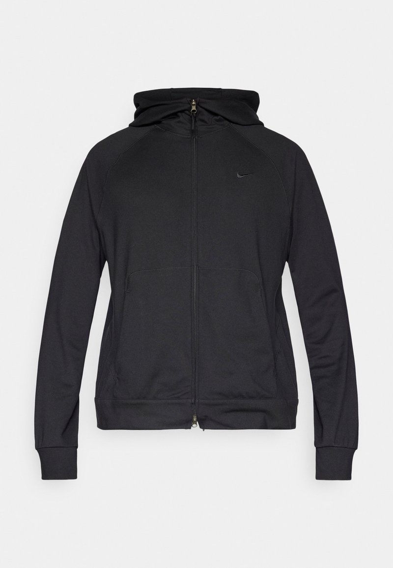 Black zip-up hoodie made of smooth fabric, with a hood, raglan sleeves, and front pockets. Features a small Nike logo on the chest.