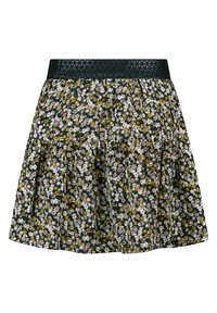 Černá minisukně s elastickým geometrickým páskem, pokrytá malým bílým, žlutým a hnědým květinovým potiskem, nařasená látka pro objem.