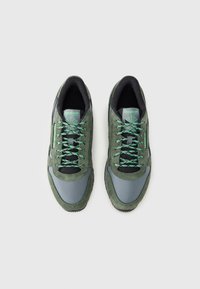 Πράσινα αθλητικά παπούτσια από σουέτ και δίχτυ με μαύρες λεπτομέρειες, υφασμάτινες γκρι επιστρώσεις και ανακλαστικά πράσινα κορδόνια. Λογότυπο Reebok στη γλώσσα και στην πλευρά.