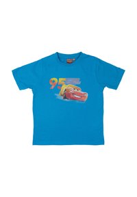 Maglietta blu per bambini con auto da corsa rossa e numero 95, con testo "Saetta McQueen" dal film Cars.