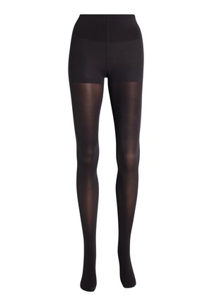 Collants noirs avec une finition lisse et transparente, dotés d'une taille haute et d'un haut opaque, conçus pour le confort et un ajustement confortable.