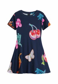 Abito corto navy a maniche corte in tessuto a coste, con grafica colorata di ciliegie, farfalle e fiori, orlo svasato e scollatura rotonda.