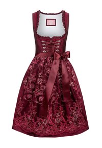 Burgundy dress with floral embroidery, lace-up bodice, and satin ribbon waist tie. Features ruffled neckline and intricate patterns.