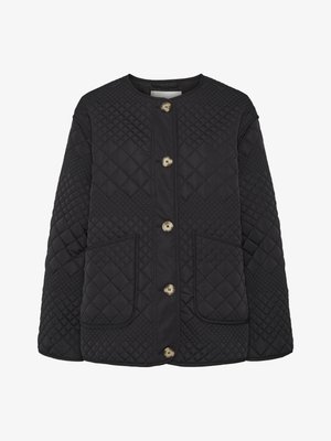 Kvadro obložen črni jopič z diamanti, okroglo ovratnico, zlatimi gumbi in dvema sprednjima žepoma. Narejen je iz lahkotnega, teksturiranega materiala.