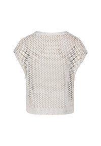 Witte gebreide top met korte mouwen en een open gaasontwerp, voorzien van een ronde halslijn en textiel. Gestreepte ribboord aan de onderkant accentueert het geheel.