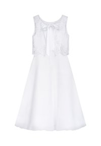 White dress featuring a lace bodice with floral embroidery, a satin bow tie at the neck, and a flared, smooth skirt.