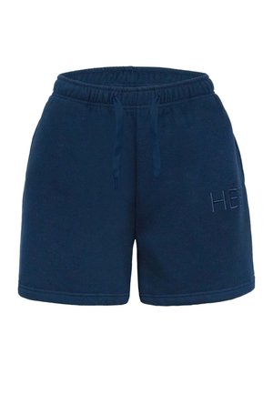 Marineblå shorts i casual stil med elastisk midjebånd, snøring og diskret brodert tekst på høyre lår.
