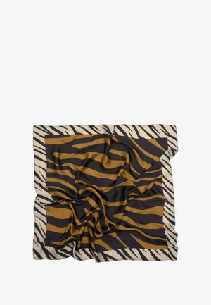Foulard en soie carré présentant un motif de rayures zèbre marron et doré sur fond noir, bordé d'un liseré à rayures beiges et noires.